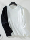 Two Tone Cable Knit Round Neck Long Sleeve Sweater - DAVERRI FASHIONS
