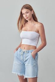 High Rise Drawstring Denim Shorts Shorts