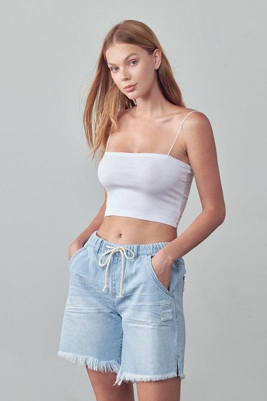 High Rise Drawstring Denim Shorts Shorts