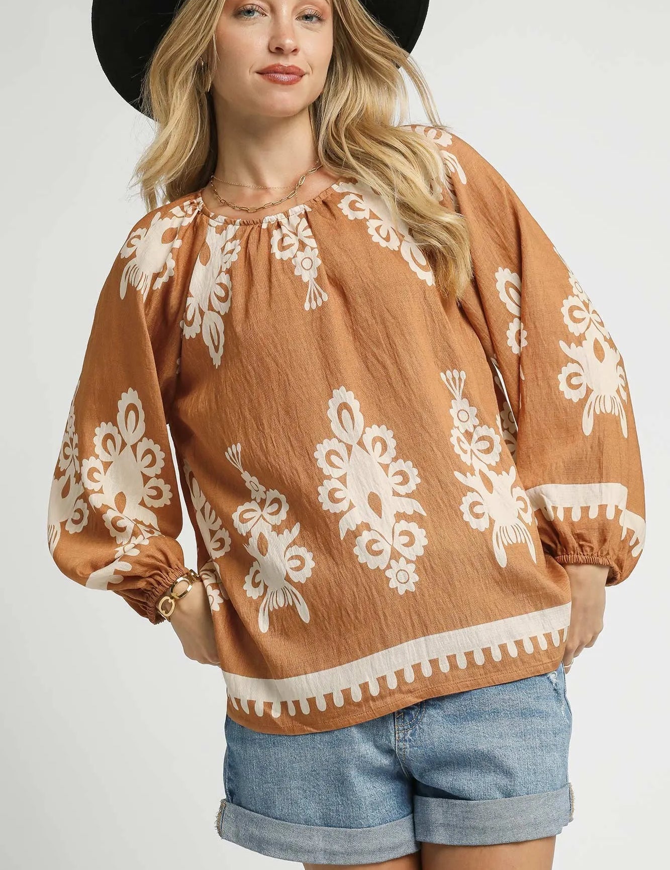 MOCHA Umgee Full Size Two Tone Border Print Top with Balloon Sleeves Plus Size | Tops Daverri Fashions