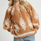 Umgee Full Size Two Tone Border Print Top with Balloon Sleeves Plus Size MOCHA