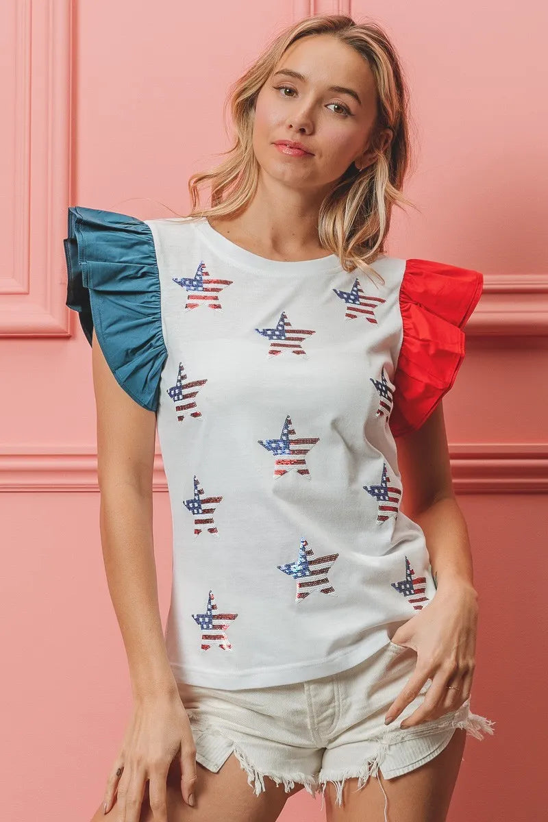 BiBi American Flag Sequin Stars Top OFF WHITE Tops