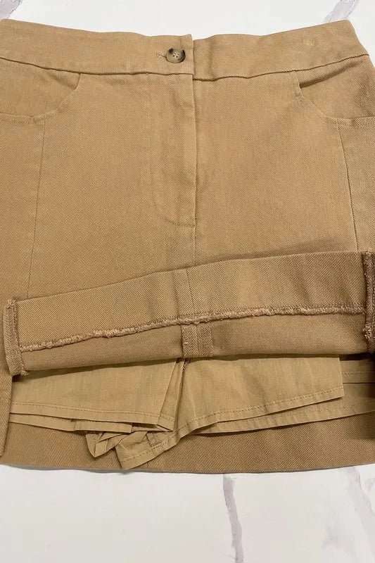 Khaki Annie Wear comfort stretch cotton mini skirt with rolled hem and buttons