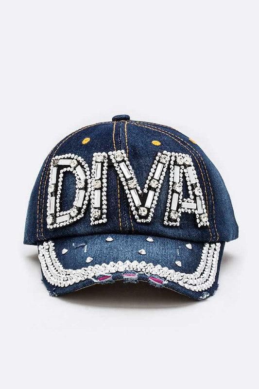 DIVA Crystal Embellished Denim Cap Dark Denim O S Hats