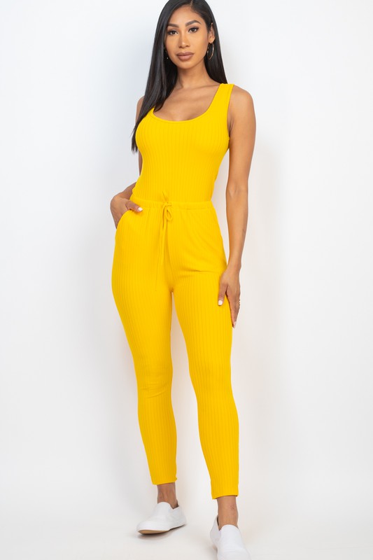 Ribbed Sleeveless Drawstring Jumpsuit DAYLILY YELLOW Jumpsuits