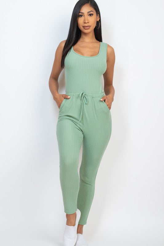 Ribbed Sleeveless Drawstring Jumpsuit Green Bay Jumpsuits