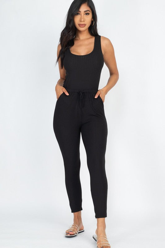Ribbed Sleeveless Drawstring Jumpsuit Black Jumpsuits