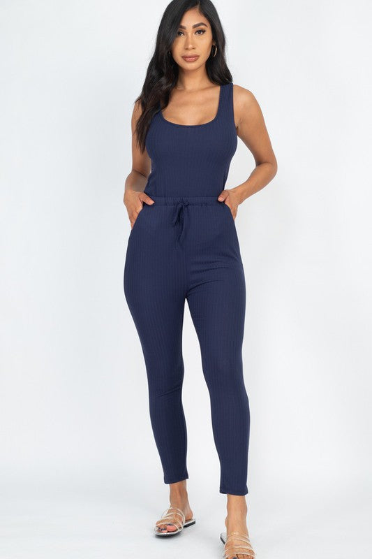 Ribbed Sleeveless Drawstring Jumpsuit Navy Jumpsuits