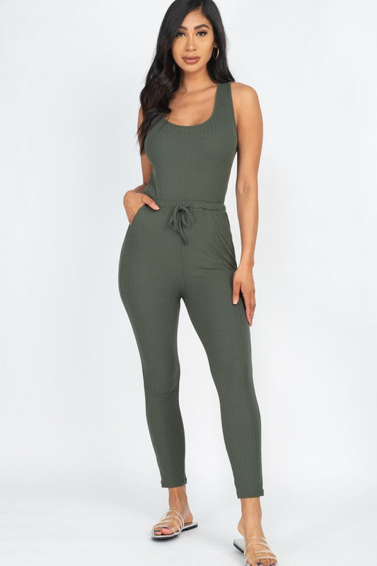 Ribbed Sleeveless Drawstring Jumpsuit Jumpsuits