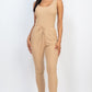 Ribbed Sleeveless Drawstring Jumpsuit Khaki Jumpsuits