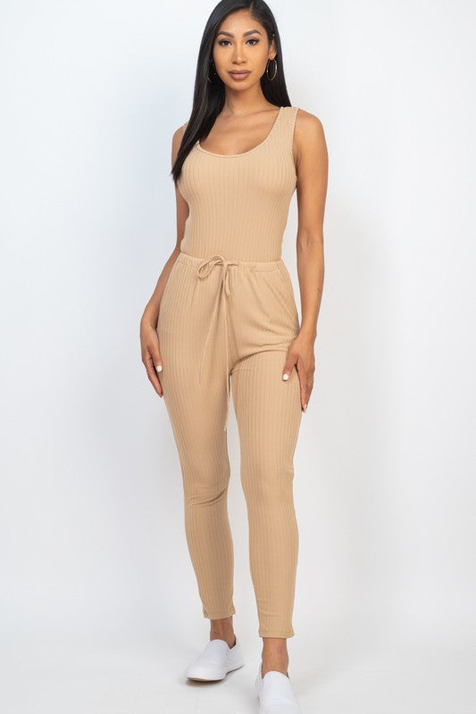 Ribbed Sleeveless Drawstring Jumpsuit Khaki Jumpsuits
