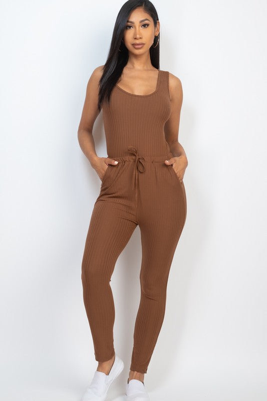 Ribbed Sleeveless Drawstring Jumpsuit DOWNTOWN BROWN Jumpsuits