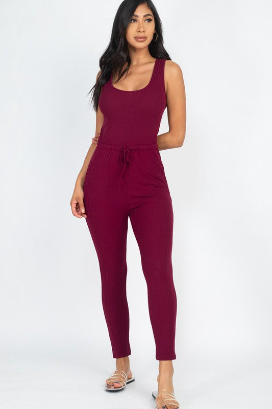 Ribbed Sleeveless Drawstring Jumpsuit Burgundy Jumpsuits