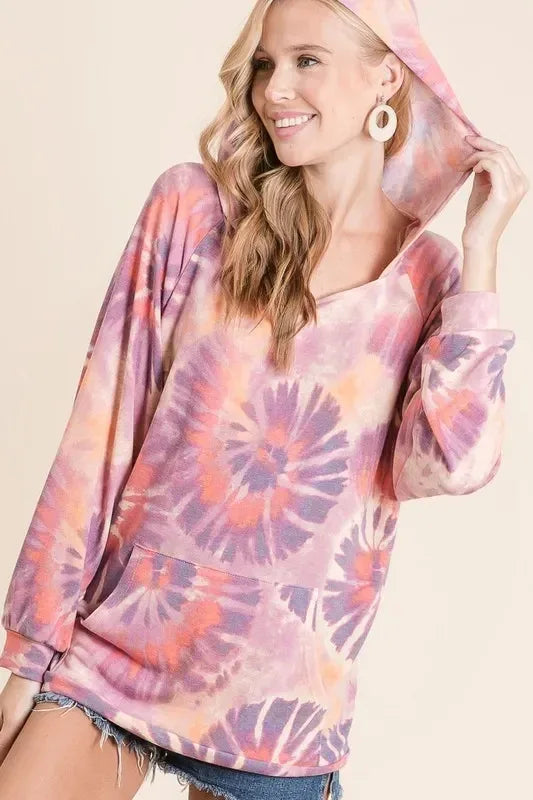 BiBi Circular Tie Dye Print Terry Hoodie with Kangaroo - DAVERRI FASHIONS