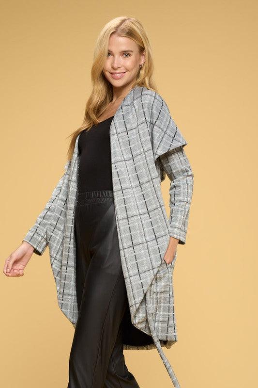 Open Front Waist Tie Plaid Cardigan Cardigans