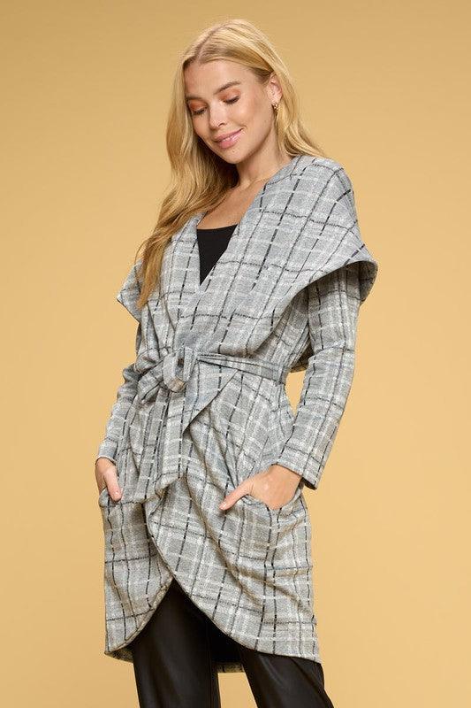 Open Front Waist Tie Plaid Cardigan Grey Cardigans