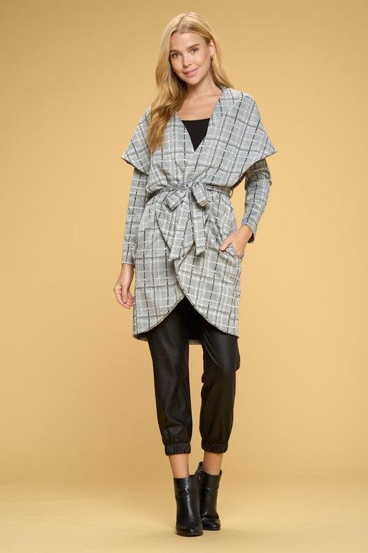 Open Front Waist Tie Plaid Cardigan Cardigans