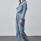 Belted Collared Button Front Denim Jumpsuit Jeans