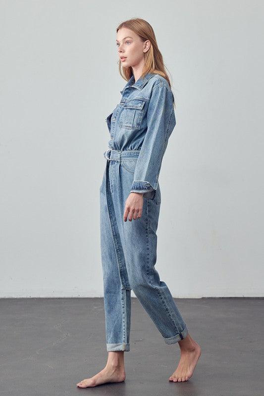 Belted Collared Button Front Denim Jumpsuit Jumpsuits