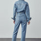 Belted Collared Button Front Denim Jumpsuit Jeans