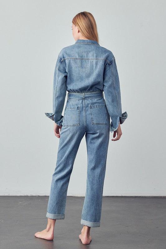 Belted Collared Button Front Denim Jumpsuit Jumpsuits