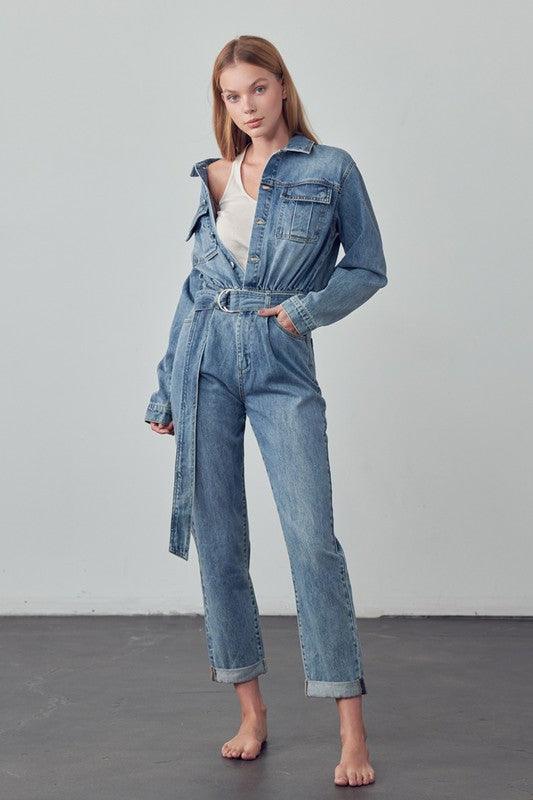 Belted Collared Button Front Denim Jumpsuit Jumpsuits