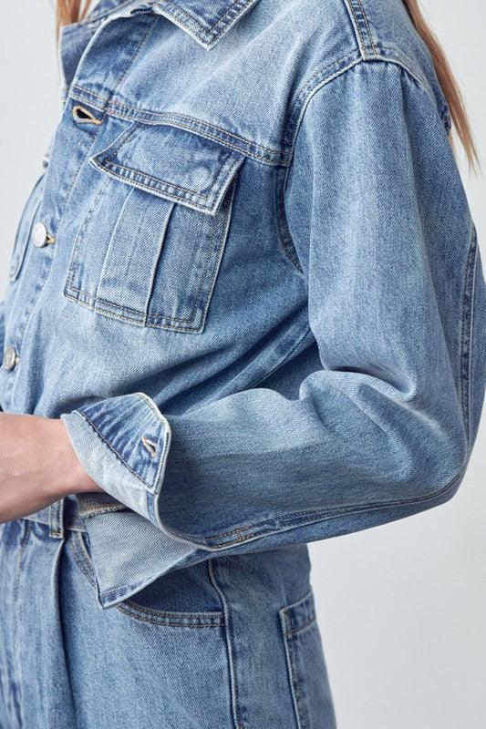 Belted Collared Button Front Denim Jumpsuit Jeans