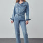 Belted Collared Button Front Denim Jumpsuit Jeans