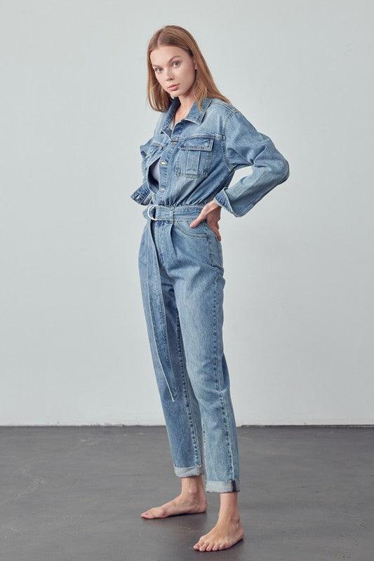 Belted Collared Button Front Denim Jumpsuit Jumpsuits