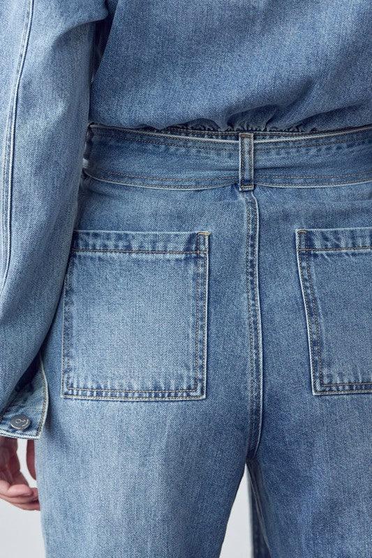 Belted Collared Button Front Denim Jumpsuit Jeans