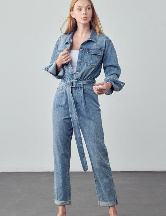 Belted Collared Button Front Denim Jumpsuit Medium Wash Jumpsuits