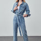 Belted Collared Button Front Denim Jumpsuit Medium Wash Jeans