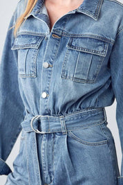 Belted Collared Button Front Denim Jumpsuit Jumpsuits