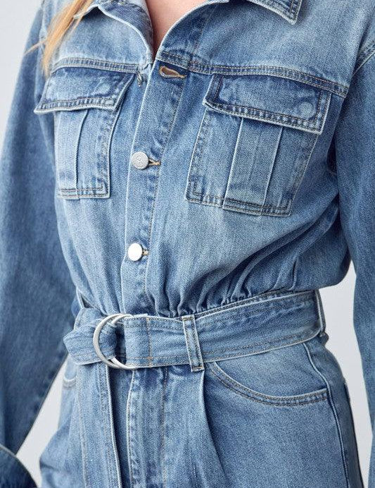 Belted Collared Button Front Denim Jumpsuit Jumpsuits