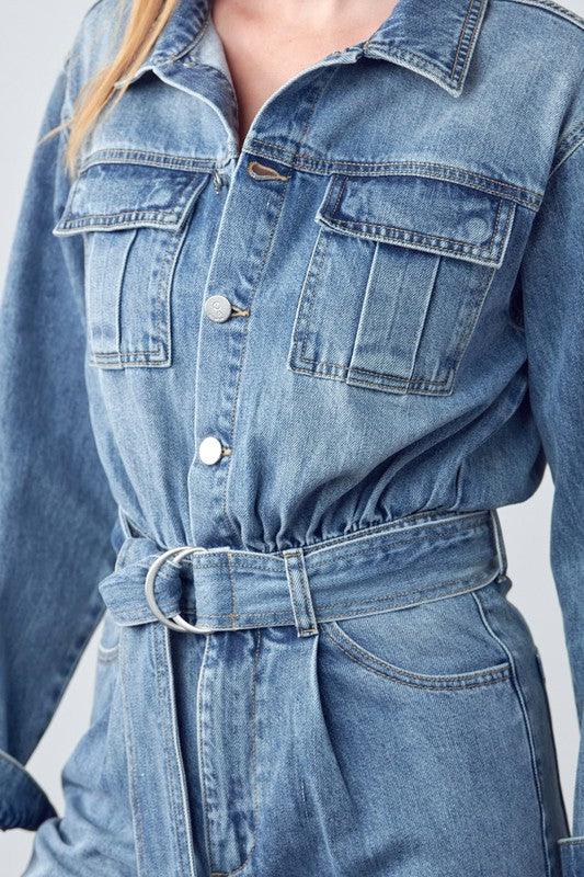 Belted Collared Button Front Denim Jumpsuit Jumpsuits