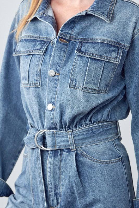 Belted Collared Button Front Denim Jumpsuit Jeans