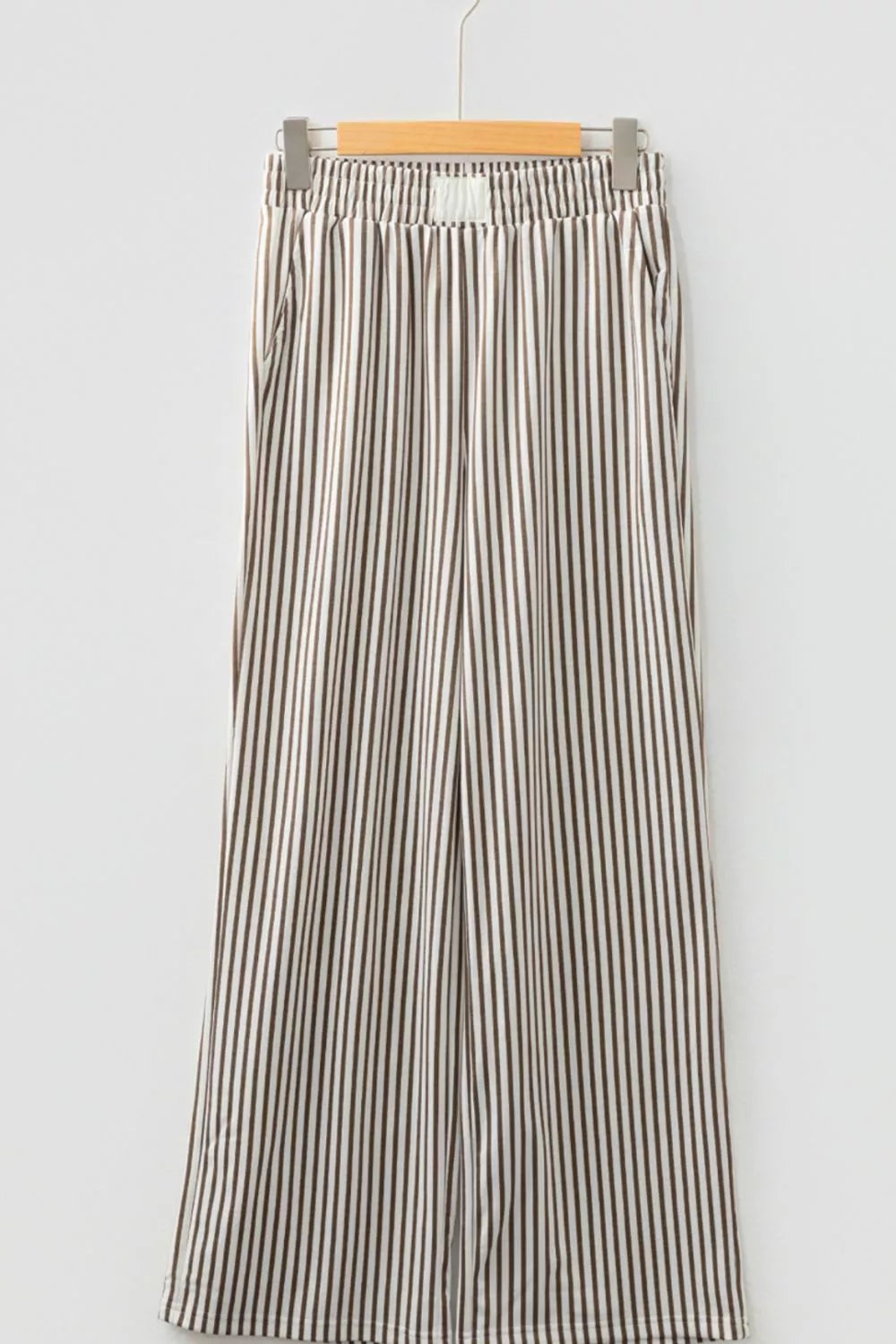 Striped elastic high-waist pocketed loose pants in black and beige