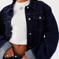 Daverri cropped oversized denim jacket in dark blue with silver buttons and gray cuffs