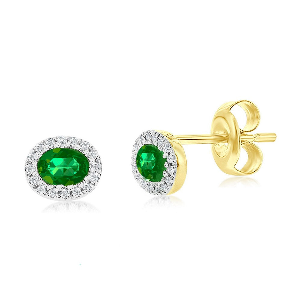 14K Yellow Gold, 4x3mm Oval Emerald (0.35ct) & Diamond Studs - (32 Stones) Earrings