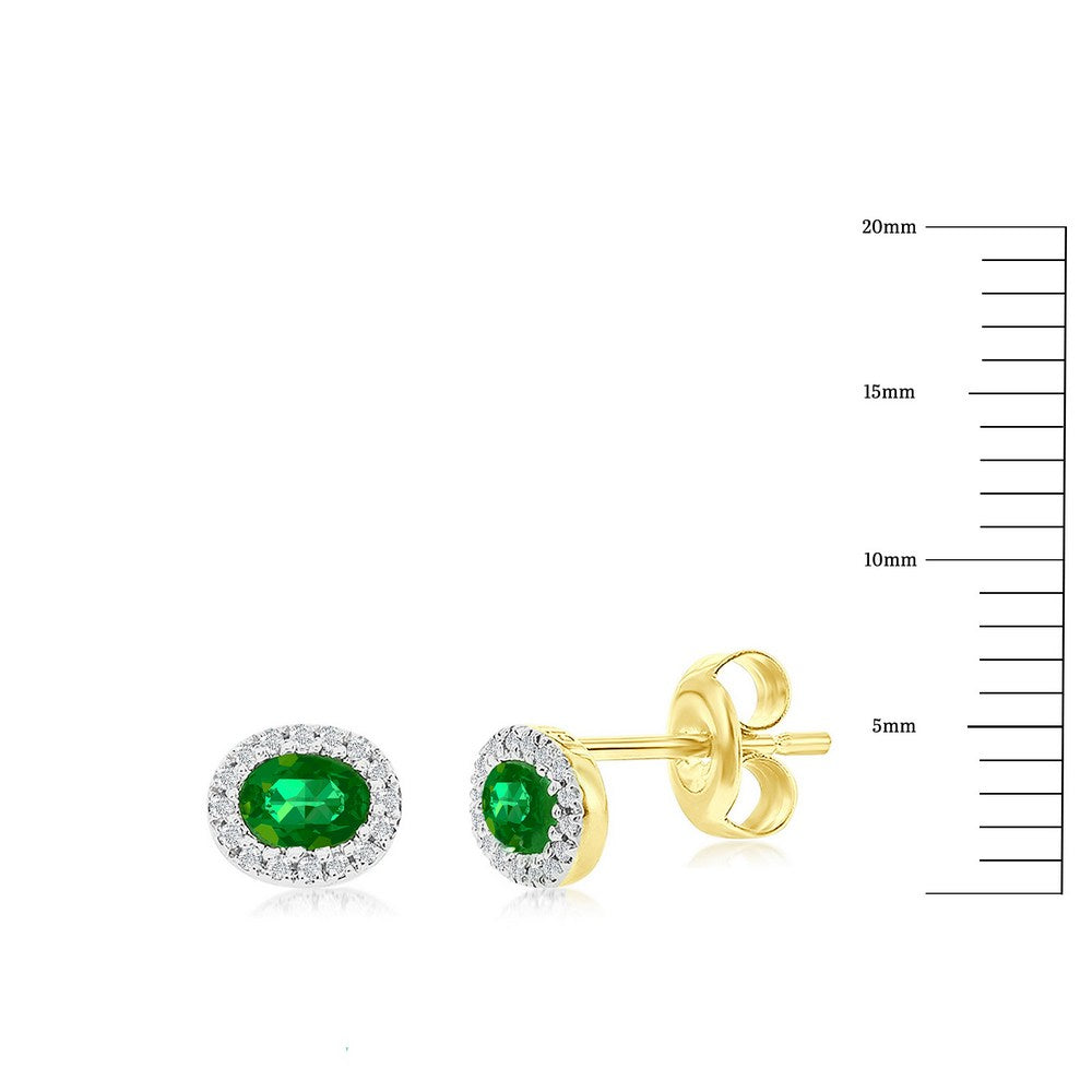 14K Yellow Gold, 4x3mm Oval Emerald (0.35ct) & Diamond Studs - (32 Stones) Earrings