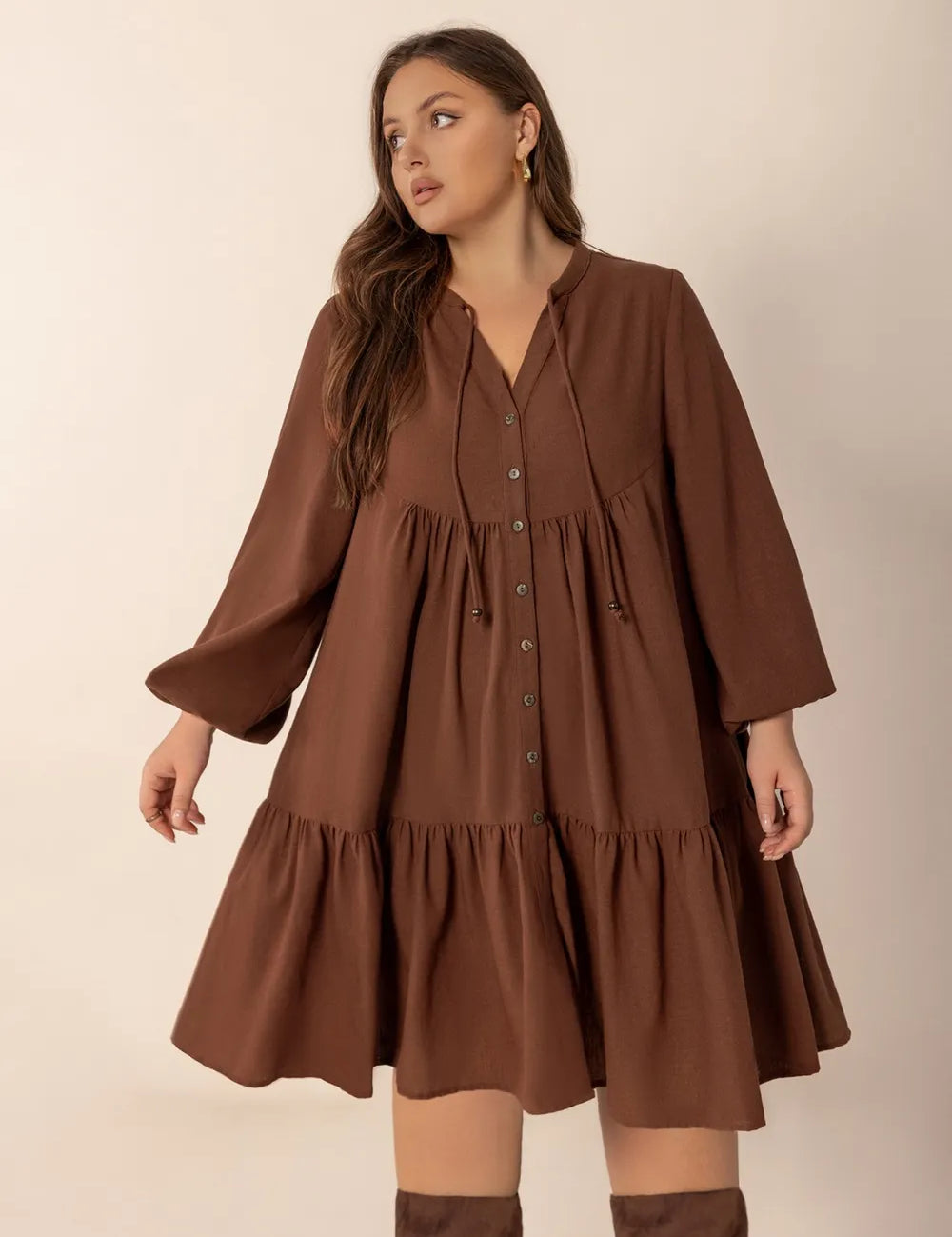 Plus Size Tie Neck Balloon Sleeve Tiered Dress | Daverri Fashions