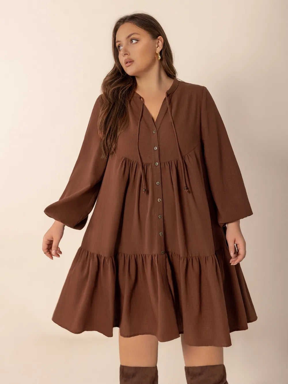 Plus Size Tie Neck Balloon Sleeve Tiered Dress | Daverri Fashions