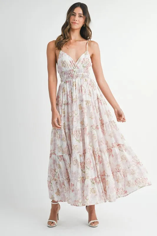 MABLE Floral Print Tiered Cami Maxi Dress Pink Cami Dresses