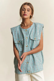 Celeste Blue S J.NNA Frayed Tweed Padded Shoulder Vest | Vests Daverri Fashions