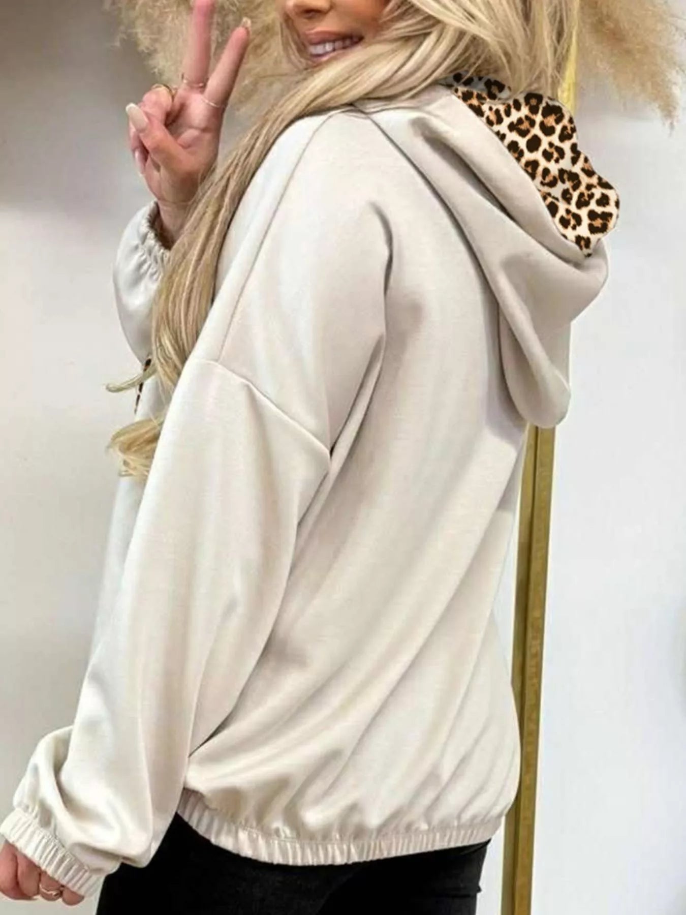 Beige Leopard Trim Drawstring Long Sleeve Hoodie