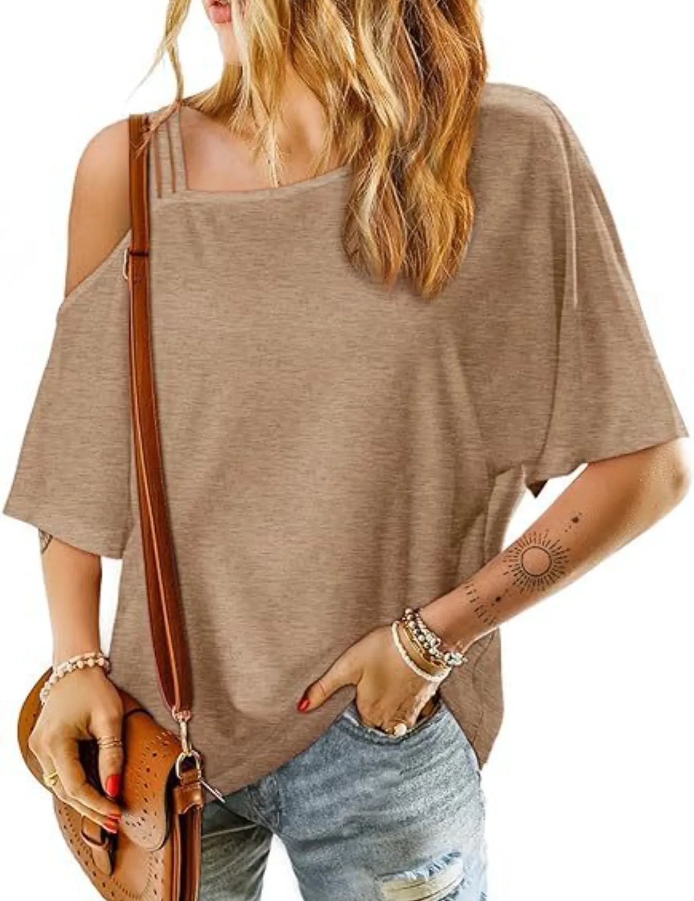 Khaki Asymmetrical Neck Half Sleeve T-Shirt | T-Shirts Daverri Fashions