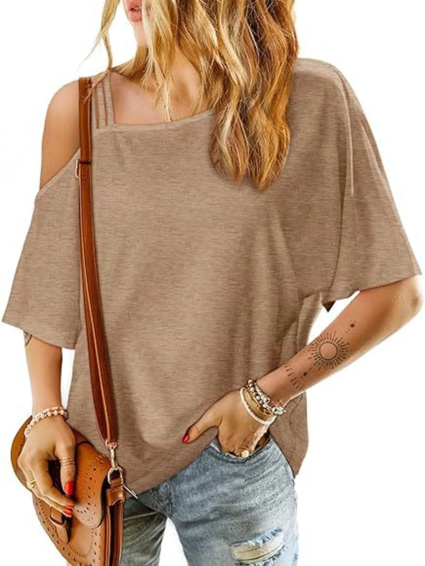 Khaki Asymmetrical Neck Half Sleeve T-Shirt | T-Shirts Daverri Fashions