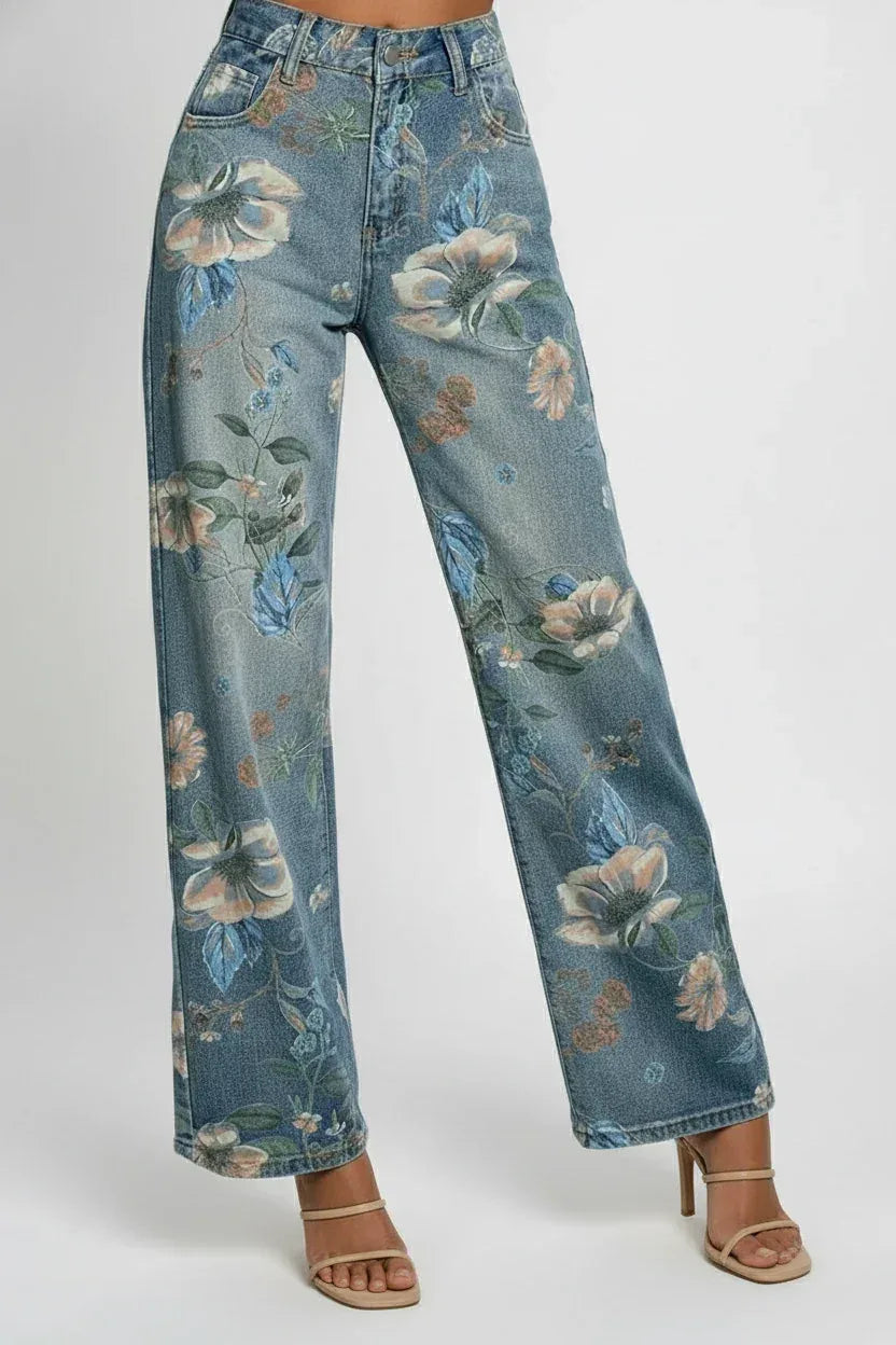 High Waisted Wildflower Vintage Floral Washed Denim Jeans - DAVERRI FASHIONS