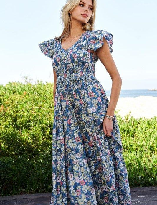 Vintage Garden Floral Flutter Smocking Midi Dress Midi Dresses