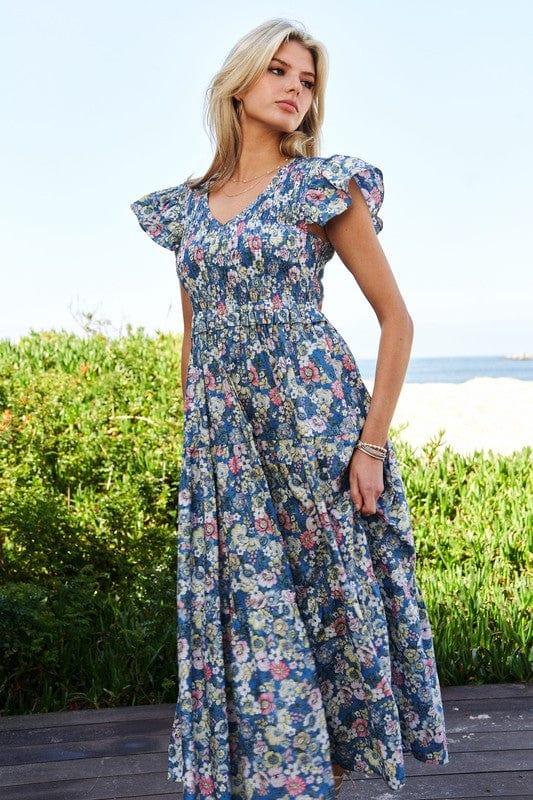 Vintage Garden Floral Flutter Smocking Midi Dress Mid Dresses